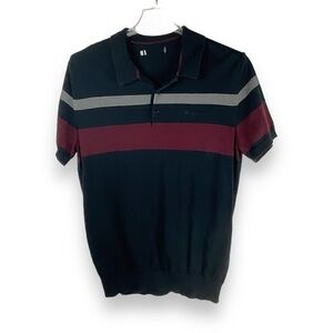 Ben Sherman Shirt Men’s Short Sleeve Knit Polo Stripe Black Red Grey‎ Size XL
